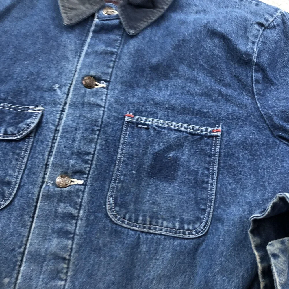 Vintage Denim Coat Mens 48 Blue Blanket Lined Chore Corduroy Collar USA Workwear